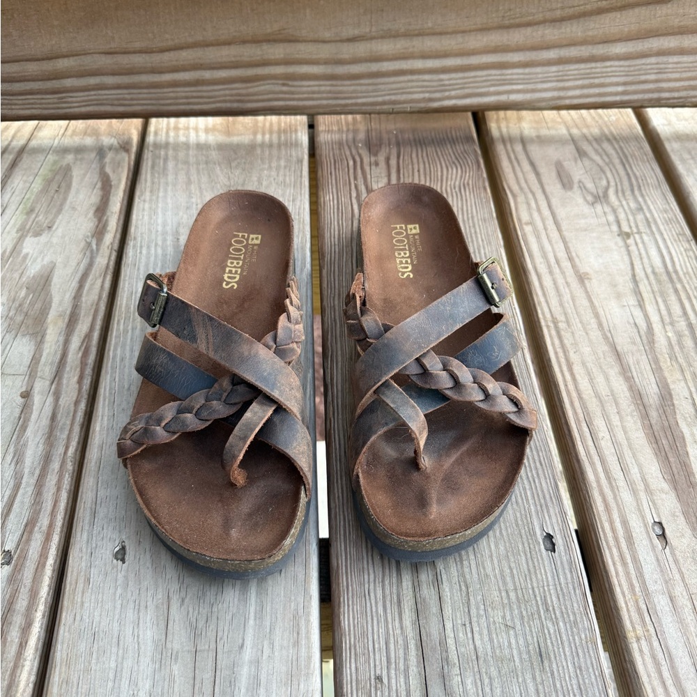 White Mountain Brown Braided Leather Slide Sandals with Buckle Sz 9M - Picture 3 of 7